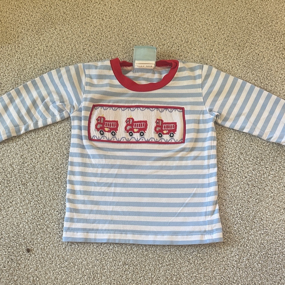 Kids Long Sleeve Shirt with Red Train and Blue Stripes; Smocked.